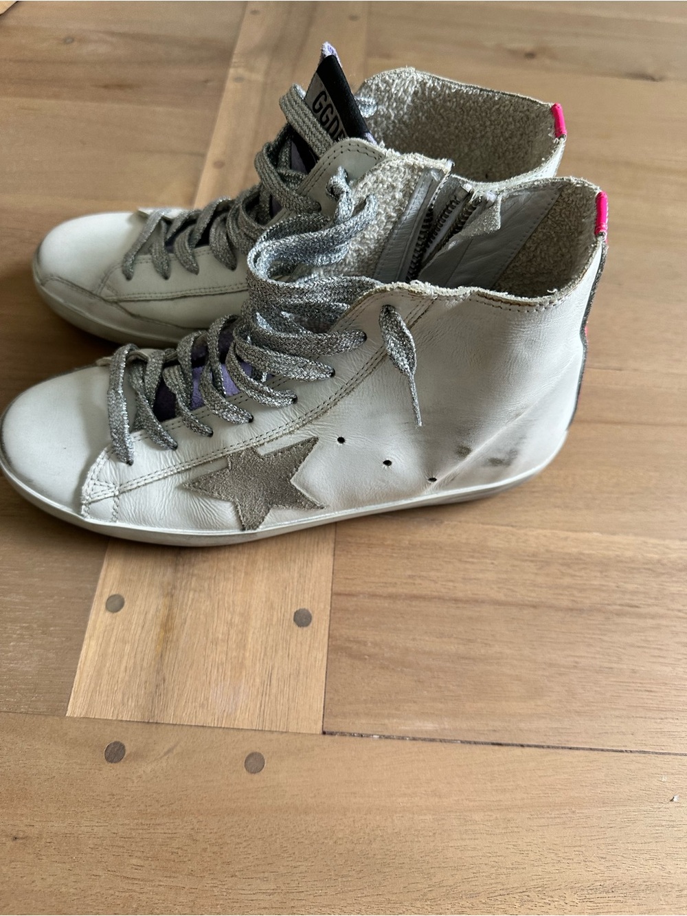 Golden Goose White Francy Sneakers and Pink Heel tab and purple suede tongue